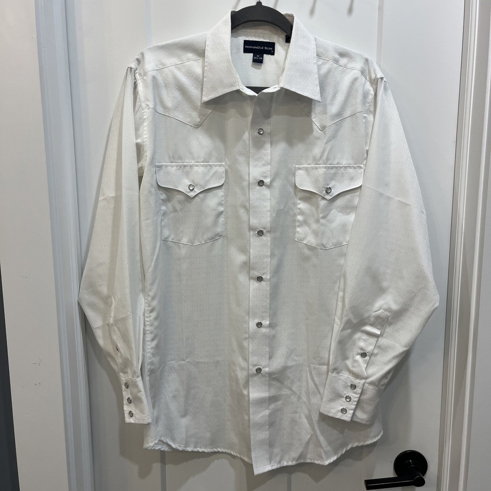 Panhandle Slim Western Pearl Snap Shirt Men White Dobby Long Sleeve Sz M 15.5-34